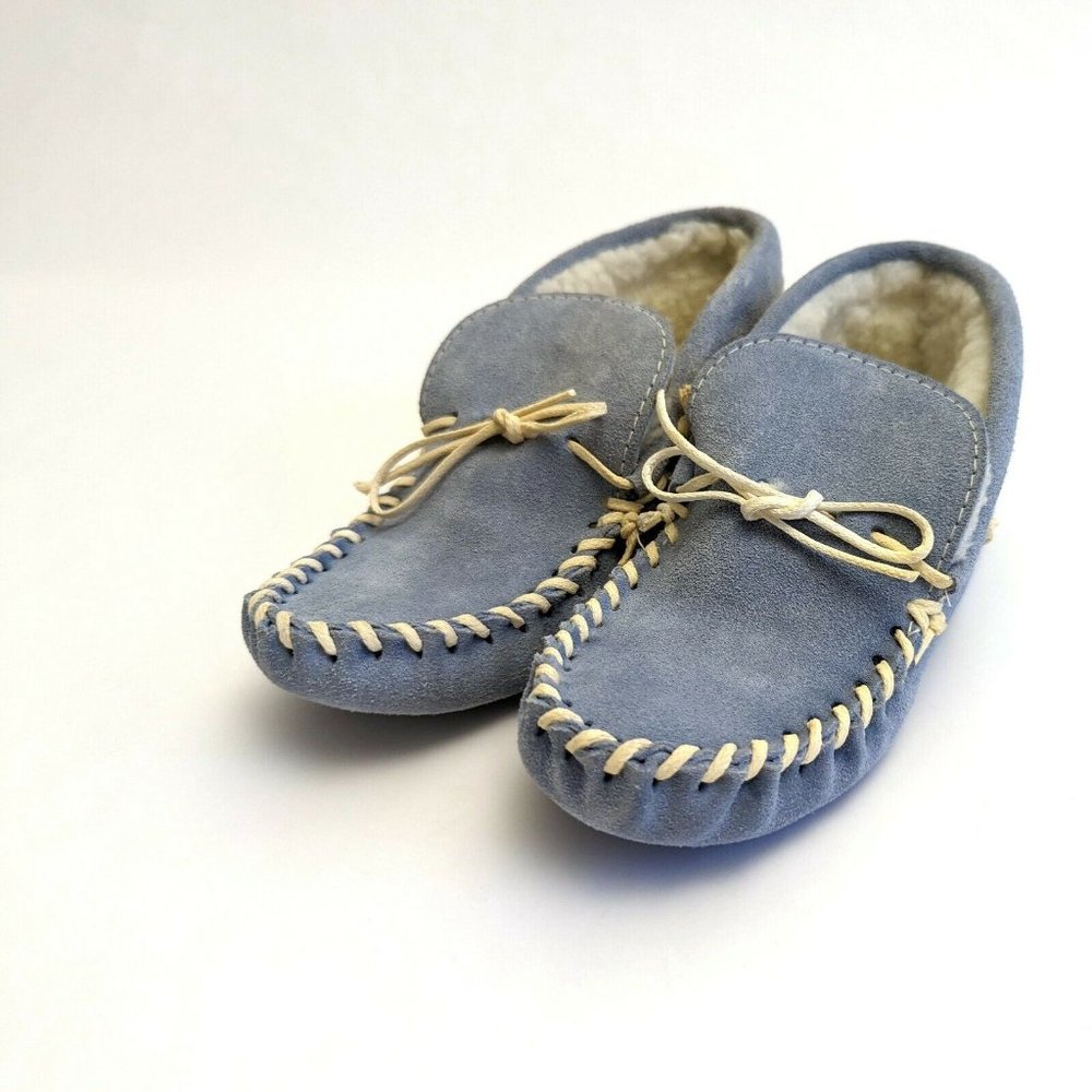 Vintage Sioux Mox Moccasins Tri Stitch Blue Suede Lined Size Women's 6 #42357